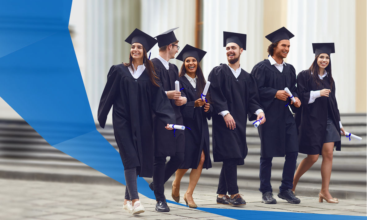 Group of students graduates go against the university